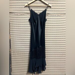 Vintage Via del Amore Black Slip 100% Silk Dress with Lace and Flower Detail